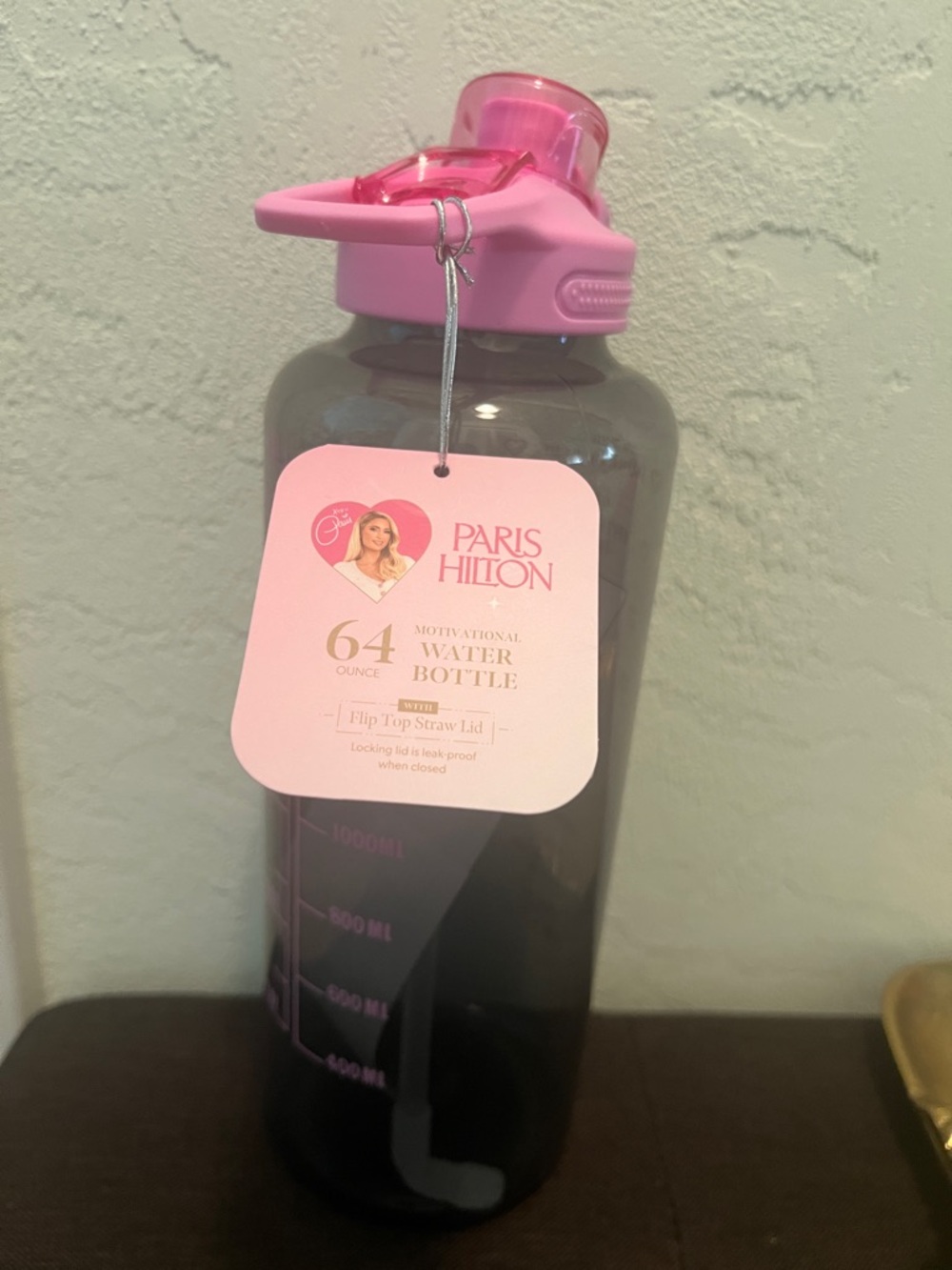 #1771** Paris Hilton Pink Lid with Smoky Gray Plastic Bottle Water Bottle